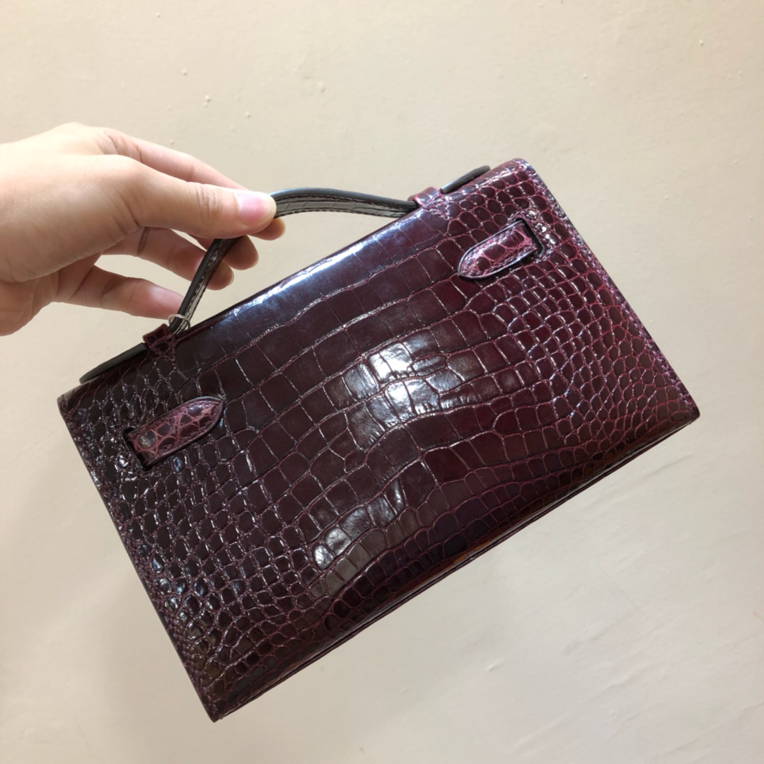 에르메스 미니 켈리백22 버건디 금장 샤이니 악어가죽